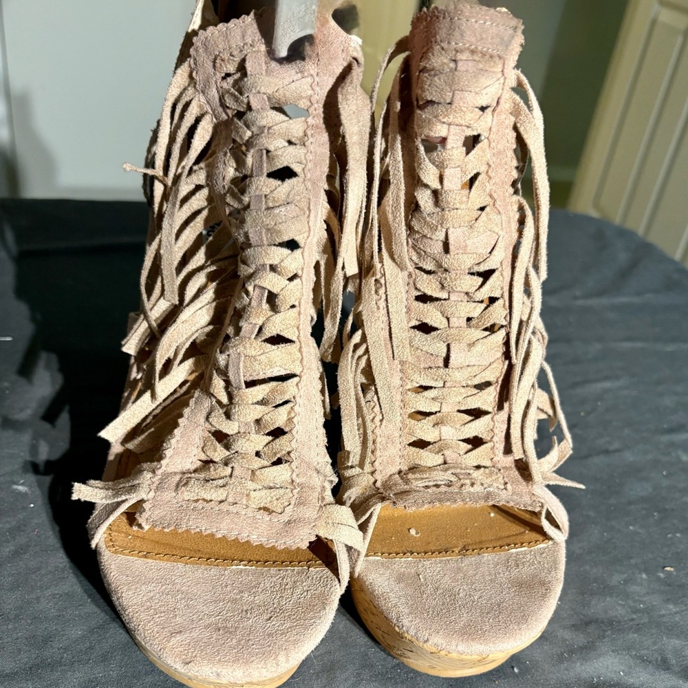 Fringed Suede Lace-Up Sandals